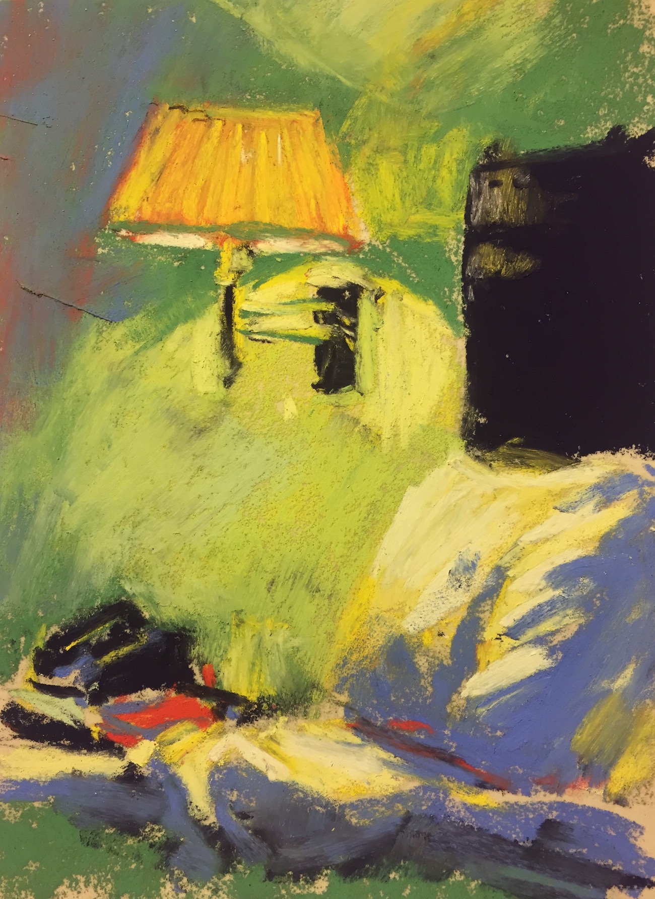 small box of pastels: Gail Sibley, "Bedside at Days Inn," Unison pastels on UART 400, 6 x 4 1/2 in. Available