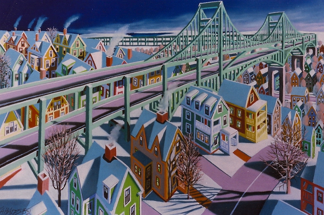 Wade Zahares, "On My Way to Maine," 1991, Rembrandt pastel on Canson, 30 x 40inches. Elevated highways and New England buildings completely saturates my work from Boston living. 