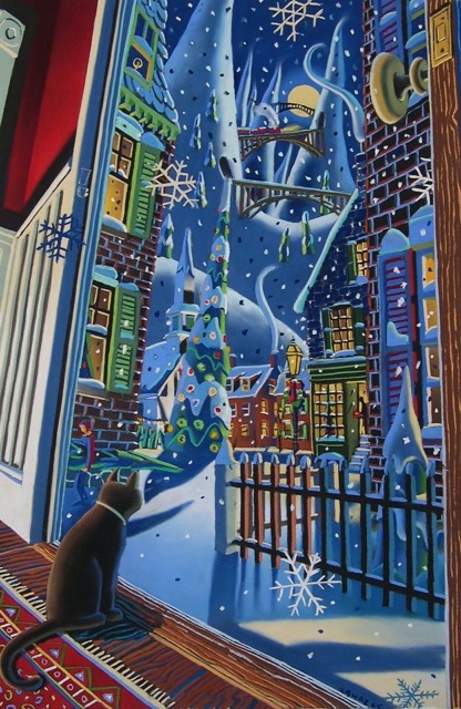 Wade Zahares, "Christmas Eve Cat," 2009, Schmincke pastel on Wallis, 24 x 35 inches. Inside looking out and outside looking in is a common theme thought my work over the years. 