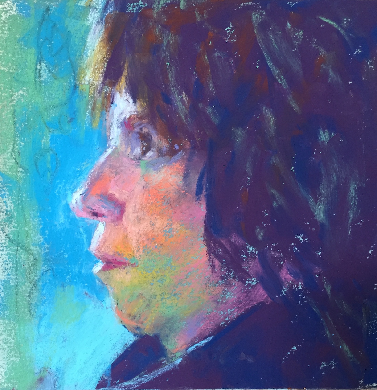 Do something, anything! Decided to add some lighter strokes in the hair. Also changed the lighting on the cheek. And a few more final touches here and there. About 45 mins? Gail Sibley, "Me in Profile," Unison pastels on UART 240 grade, 6 x 6 in.
