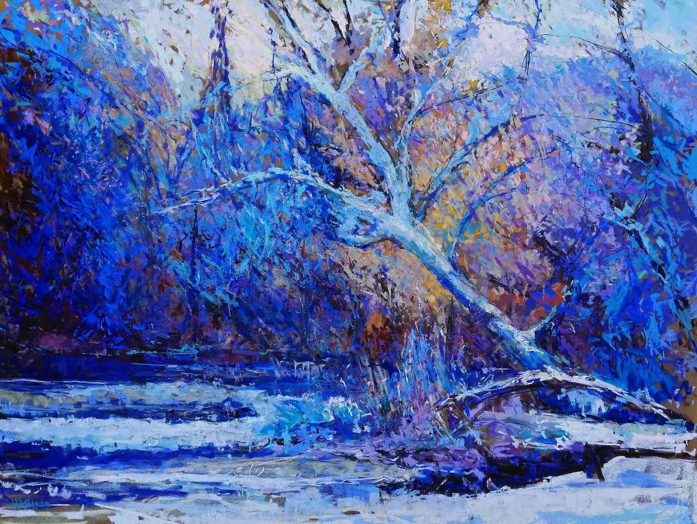Maria Marino, "A Winters Passage," pastel on Sennelier LaCarte paper, 24 x 3 in. Available. Painted from a photo of a scene located in the Brandywine Valley, PA.