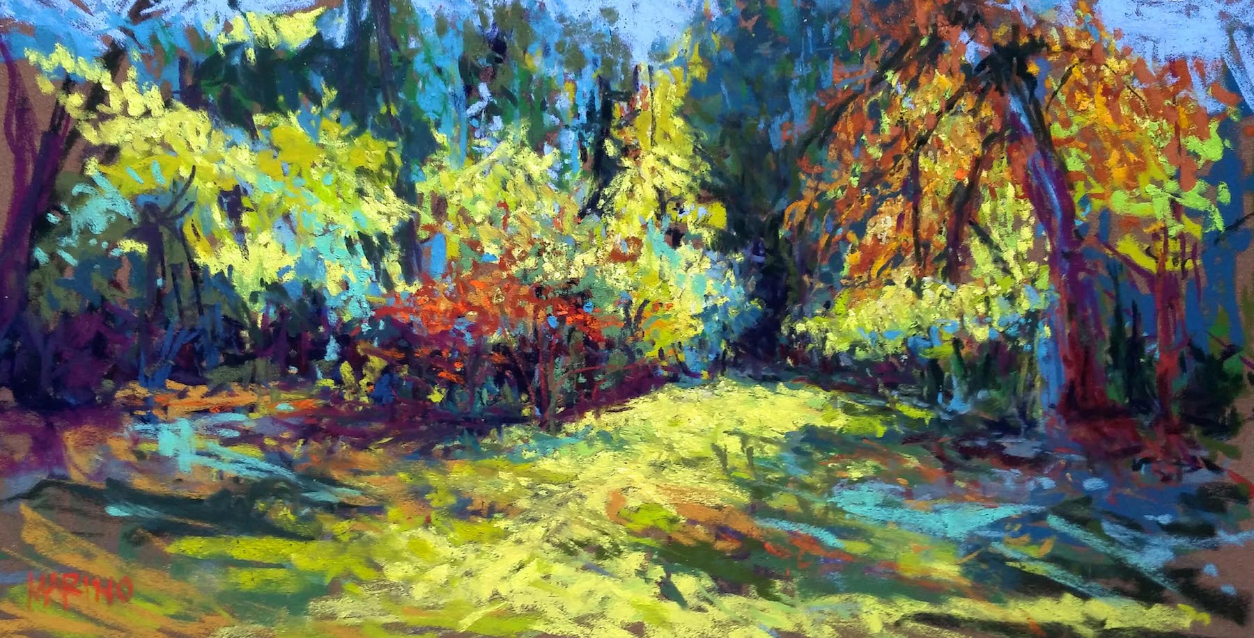 Maria Marino, "Autumnal Light," pastel on Sennelier LaCarte paper, 9 x 16 in. Sold. Plein air painting completed during an event. The image is a hedgerow of trees located at Liriodendron Mansion.