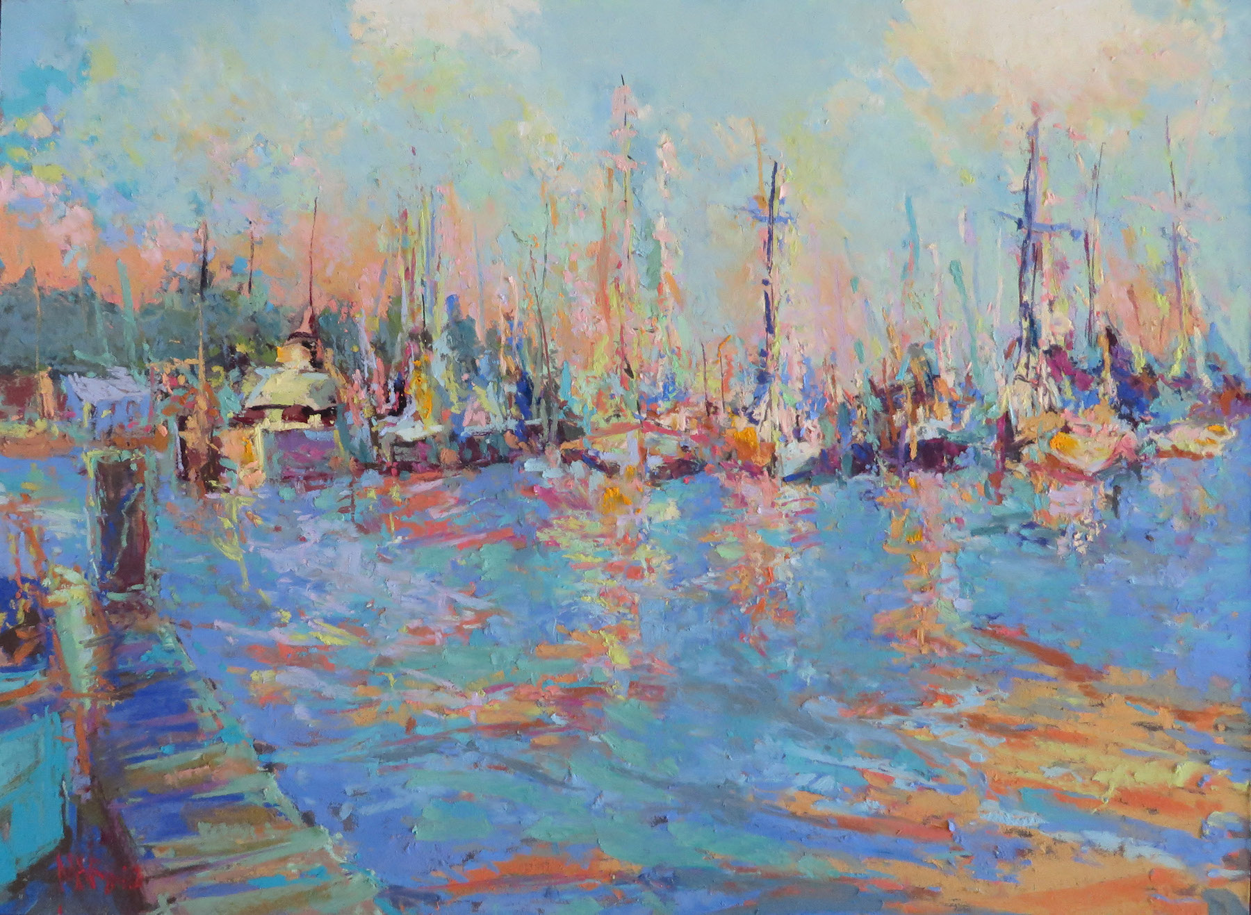 Maria Marino, Mear Marina-Eastport," pastel over watercolor on UART 320 board, 12 x 16 in. Sold. Studio painting of a boatyard in Eastport, MD.