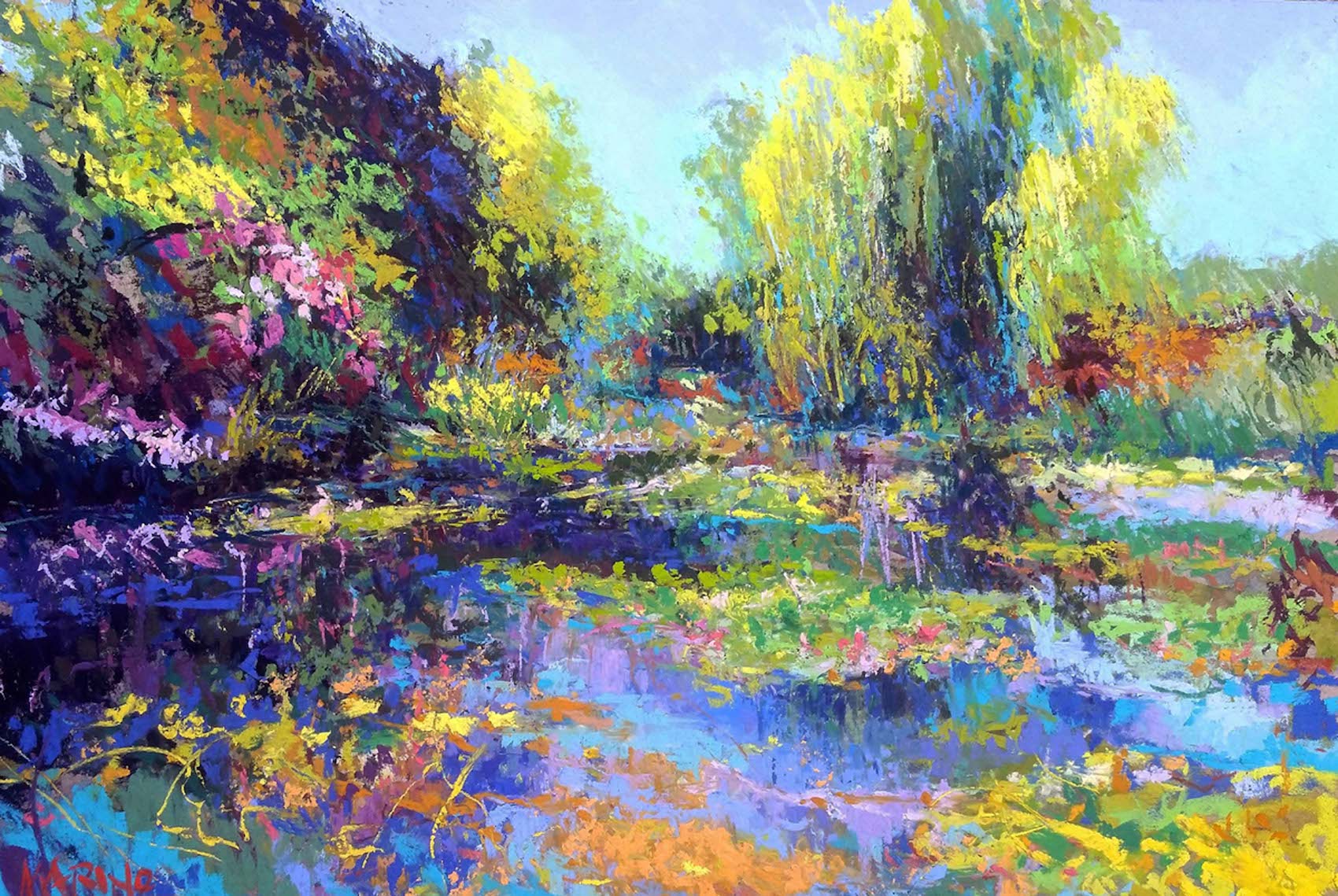 Maria Marino, "Soleil," pastel over watercolor on Wallis board, 12 x 18 in. Available. Painted from a photo of a view of Monet's Pond at Giverny.