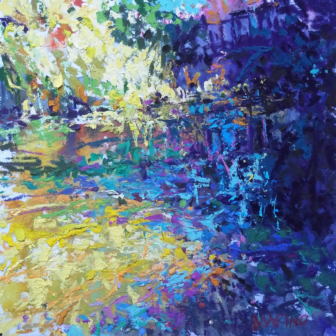 Maria Marino, "Summer Light Reflections," pastel on Multimedia Board, 6 x 6 in. Sold. Painted from a photo of a view of William Paca House Gardens, Annapolis, MD. (abstract microcosm)