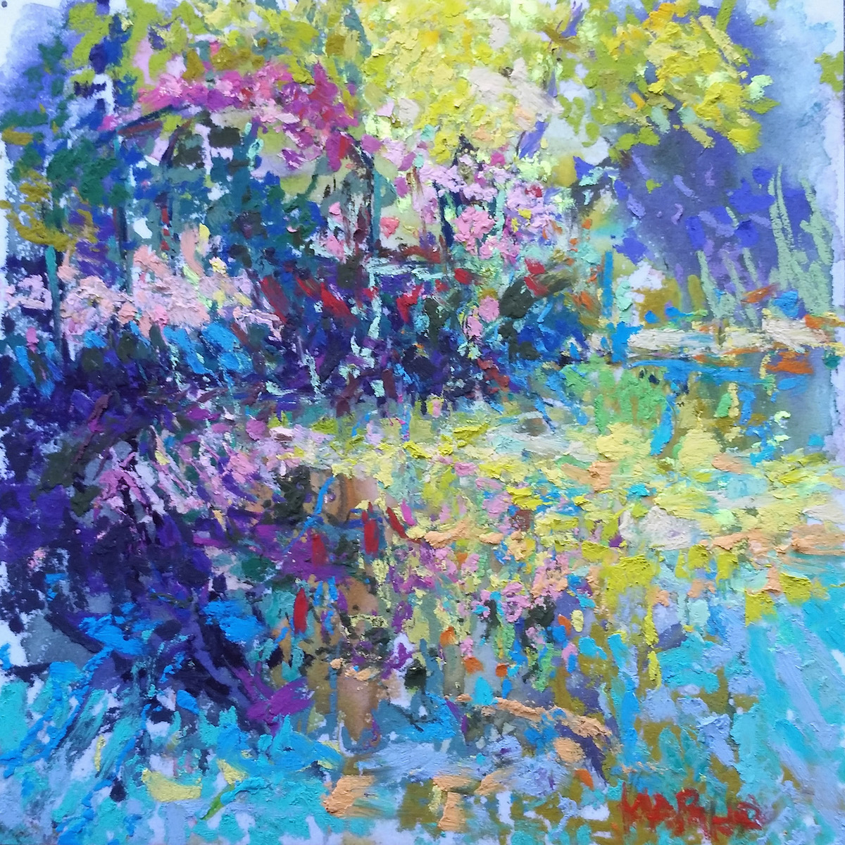 Maria Marino, "Summer Light," pastel on Multimedia Board, 6 x 6 on. Sold. Painted from a photo of a view of William Paca House Gardens, Annapolis, MD. (abstract microcosm)
