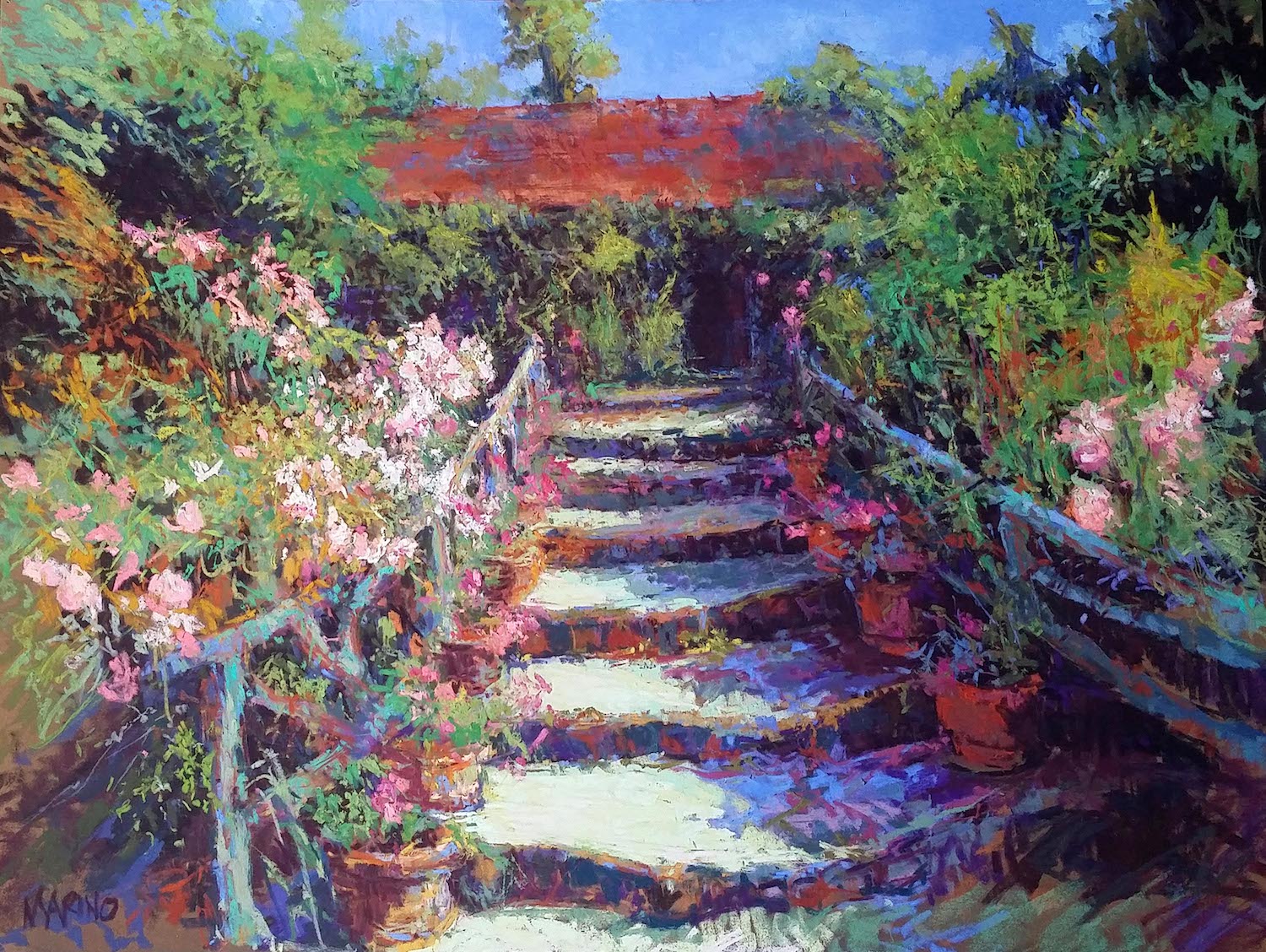 Maria Marino, "The Breath of Spring," 2015, pastel on Sennelier LaCarte paper, 24 x 31 in. Sold. Painted from a photo of a view of an artist’s atelier located in the rear of Hotel Baudy-Giverny.