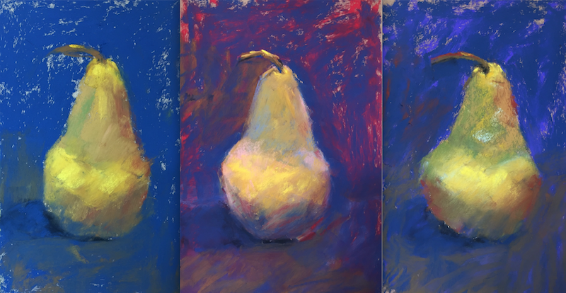 colourful underpainting: The three pears - Versions 1, 2, and 3 - seen veeeeerrrry small.