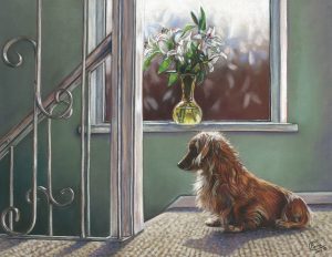 Emma Colbert, "Waiting," Unison on Hahnemühle velour paper, 18 x 14 in, Sold. One of the many paintings I have done of my own girl Brocci.