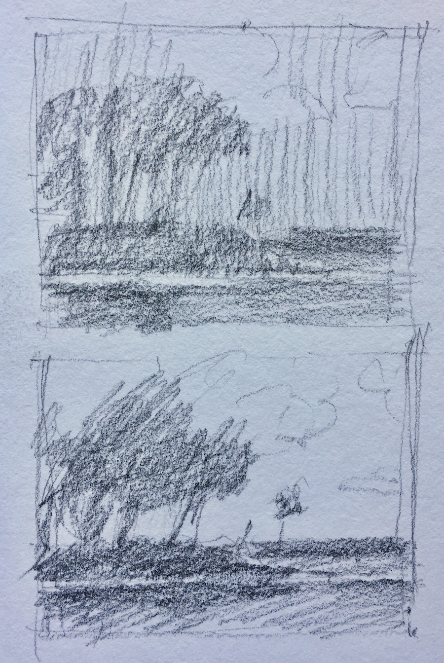These thumbnails show a lovely view of the Big Rideau Lake in Ontario. It was simple, with a delightful pattern of trees against the sky. In the top one, I played with the idea of making the extremely blue sky a middle value, the same as the lake with white clouds and lakeshore being the only light values. The lower one keeps the whole sky in the light value. I also put more emphasis on the small tree in the lower thumbnail.