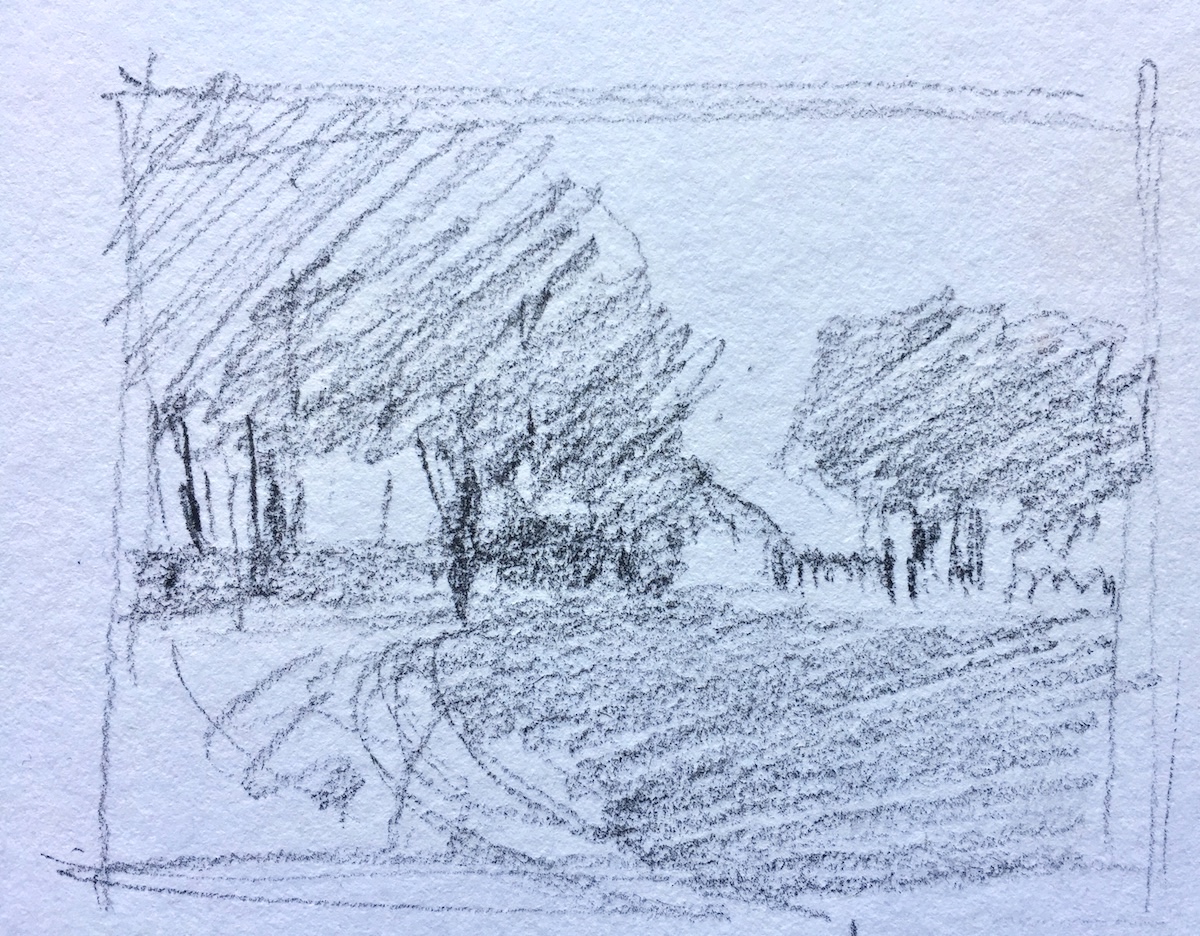 Thumbnails: This is another Ontario scene snapped from the car. I liked the shape of the trees and the almost hidden farmhouse. One of these days I will paint this! But not this time.