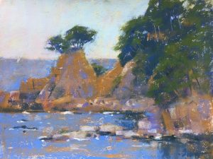 Painting an overcast day: Gail Sibley, "View from Calella," Sennelier pastels on UART 320, 9 x 12 in. The few tweaks I made were: to tone down the blue in the water, to tone down the lighter green highlights on the tress (remembering the diffuse light of an overcast day), and the addition of the sailboat seen a little while before.