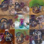 Adrian Frankel Giuliani, Sampling of Tea Kettle Series, Various pastels and pastel paper, various sizes, mostly 9 x 12 in. Had fun exploring what I could do with this comforting tea kettle subject by playing with composition, technique, color, texture and perspective. My work is also about what I can do with these magnificent pastels.