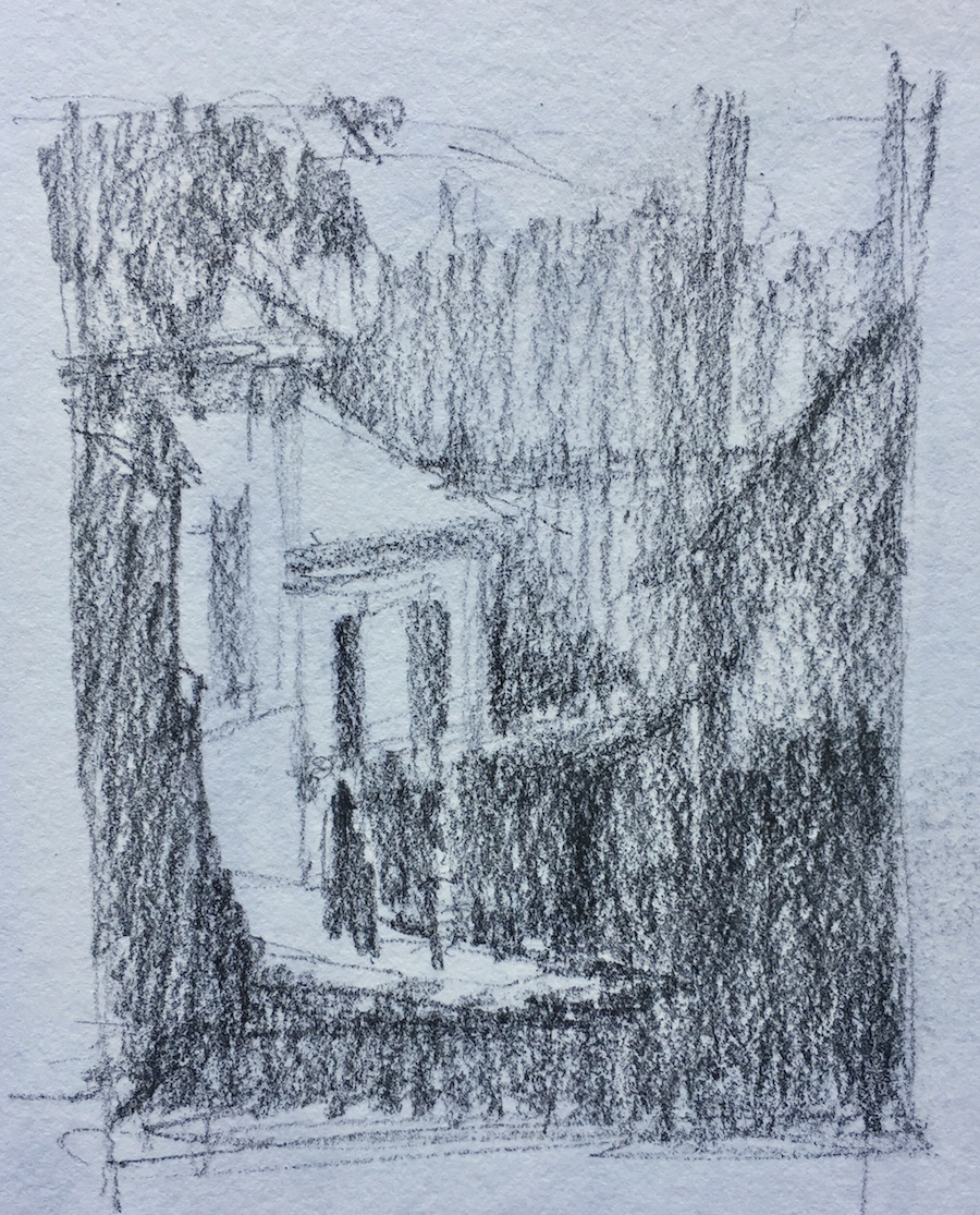 Thumbnails: And finally, there is this scene in a village outside of Budapest. I loved the deep shadow, the brightly lit wall and the figures walking through it. It's a bit more complicated than the others but in the end, this is the image I chose.