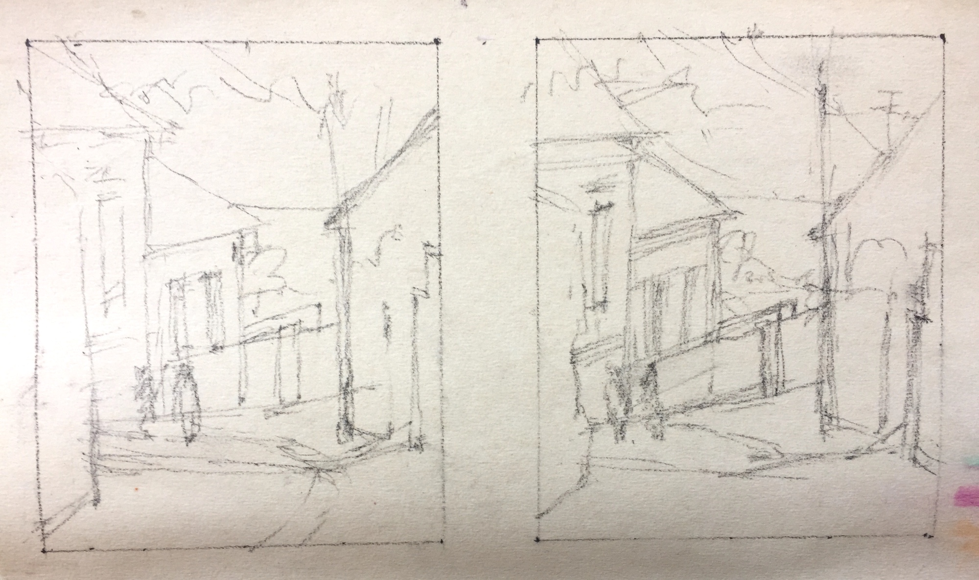 Thumbnails: The scene sketched twice on UART 800 grade paper. Each sketch is 5 x 4 in.