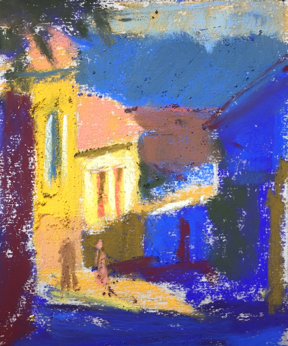 Thumbnails: Colour study with a base of two blues in dark and middle value, and yellow for the lights. A second layer has been added.