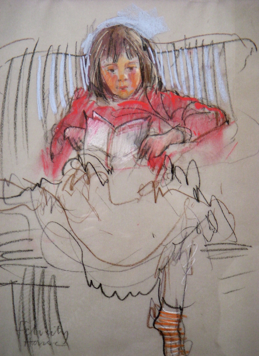 Felicity House, "Nutmeg Reading," 2008, charcoal pencil and pastels on Hannemüle transparent paper 10 x 8 in. Eldest granddaughter immersed in reading ... fast work to capture. I’ve kept this one.