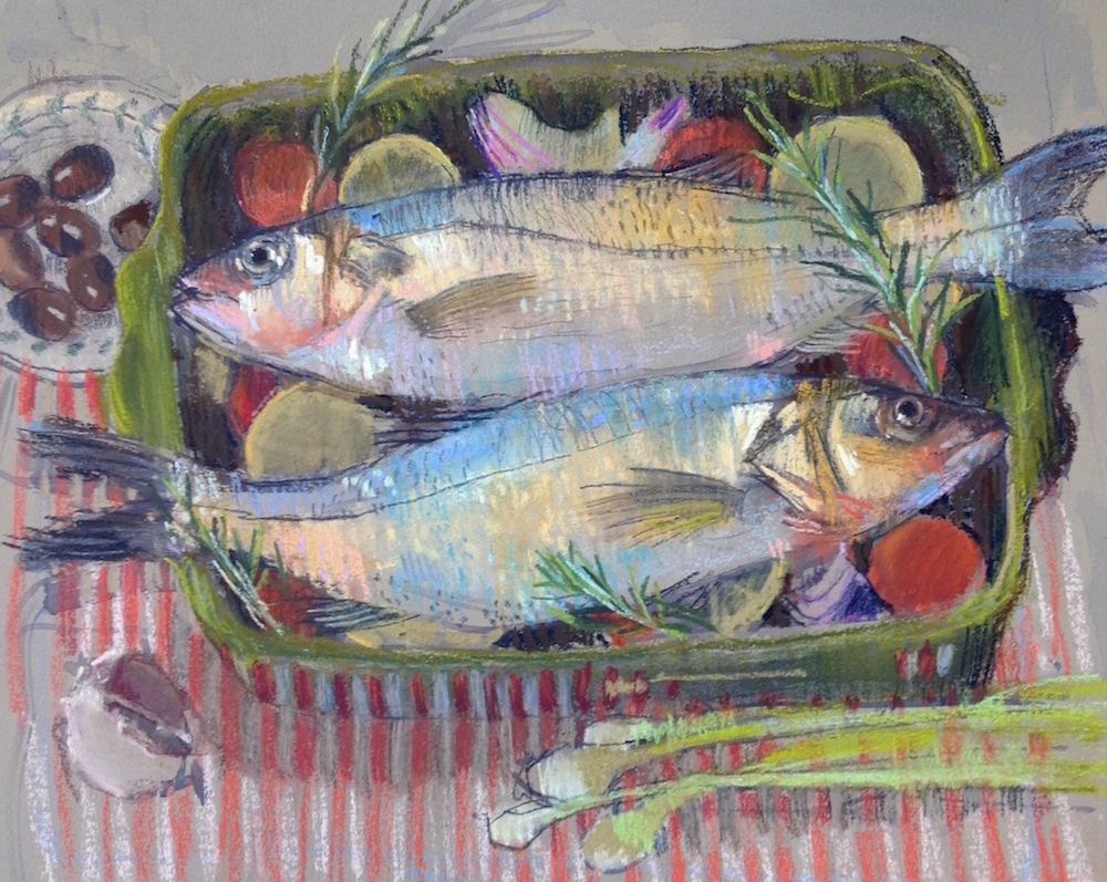 Felicity House, "Sea Bass for Supper," 2015, assorted pastels on Art Spectrum paper. 7 x 10 in. Sold. Ready to cook.