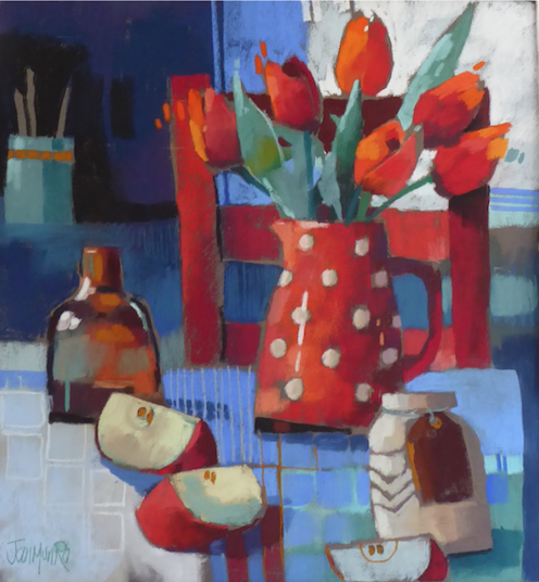 Juicy pastels: Jan Munro, "Red Chair and Tulips," pastel, 22 x 22 in (56 x 56 cm)