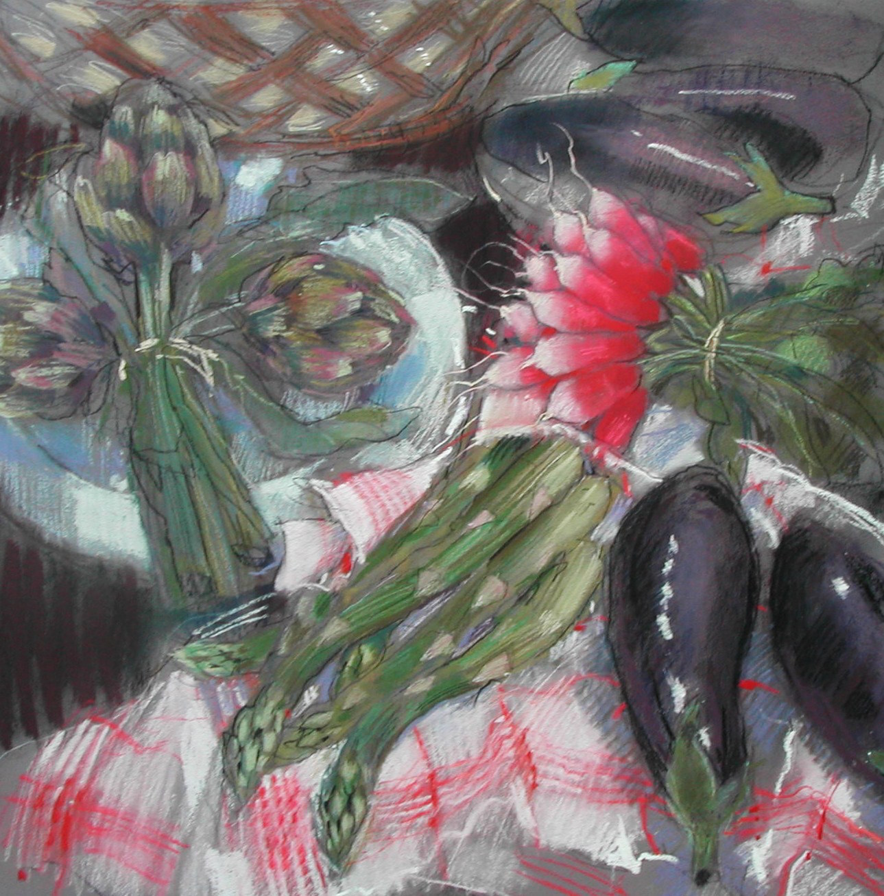 Felicity House, "Provencal Vegetables," 2003, pastels on Art Spectrum paper, 12 x 12 in. Sold. An early still life work.