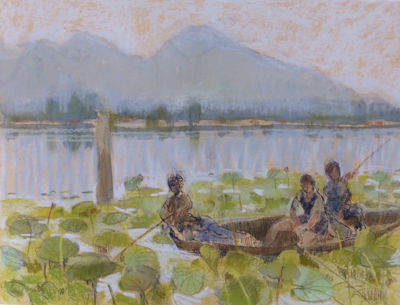 Felicity House, "Boys Fishing - Lake Nagin, Kashmir," 2013, assorted pastels on Art Spectrum paper 9 x 11 in. Available. One of my favourite pieces.