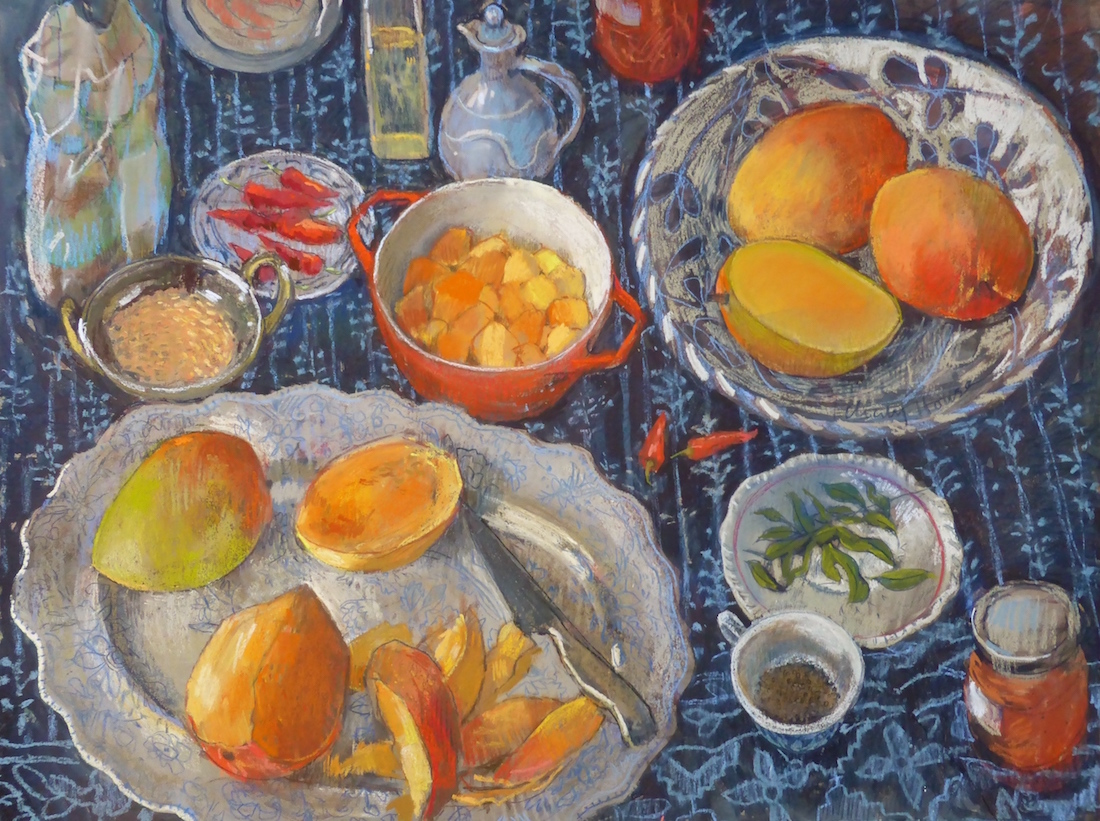 Felicity House, "Making Mango Chutney," 2015, assorted pastels on Art Spectrum paper, 18 x 24 in. Available.