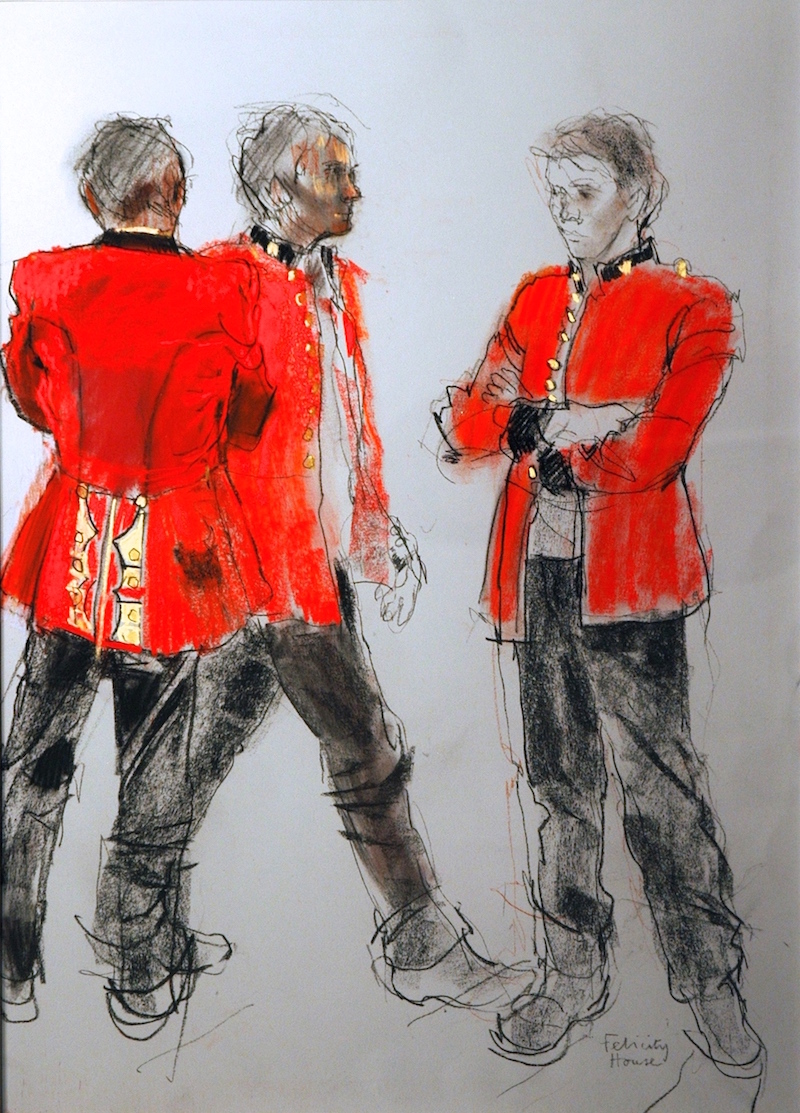 Felicity House, "Red Jackets," 2007, assorted pastels + Pitt charcoal pencil, Faber Castell, 24 x 18 in. Sold. Of course there was only one guy in costume ... rather like the Degas ballet girls in different poses.