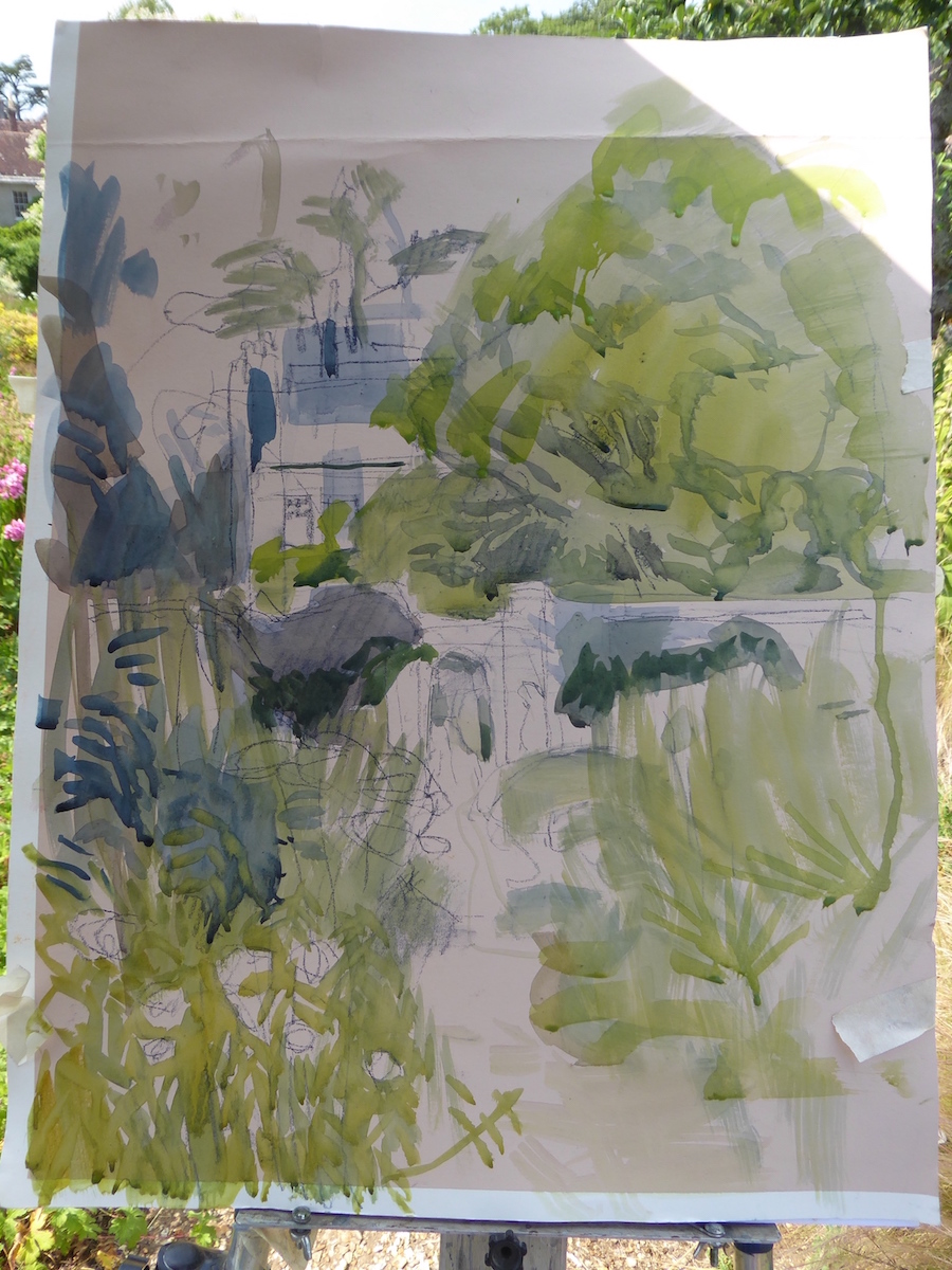 Felicity House, underpainting for Walled Garden at Edmondsham. Plotting the composition, blocking in, establishing some tonal contrasts. 