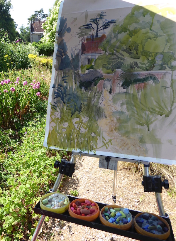 Felicity House, first steps with the pastel, Walled Garden Edmondsham. Here is the tray that fits on to the Frank Herring lightweight easel with my four tubs of pastels in ground rice: Lights, Mid-tones (Warm . Cool), Darks. 