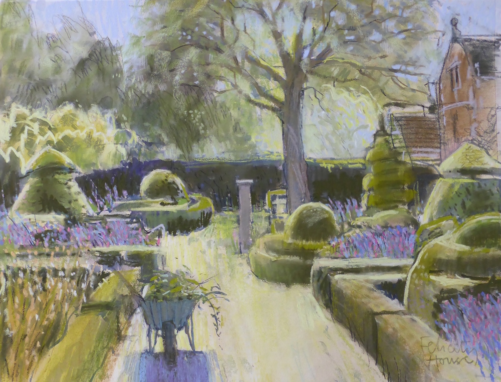 Felicity House, "Lavender’s Blue," 2017, assorted pastels on Art Spectrum paper 11 x 14 in. Sold. Hot summer day last year at a lovely English country house with topiary in the garden. The light was lovely on the topiary shapes.