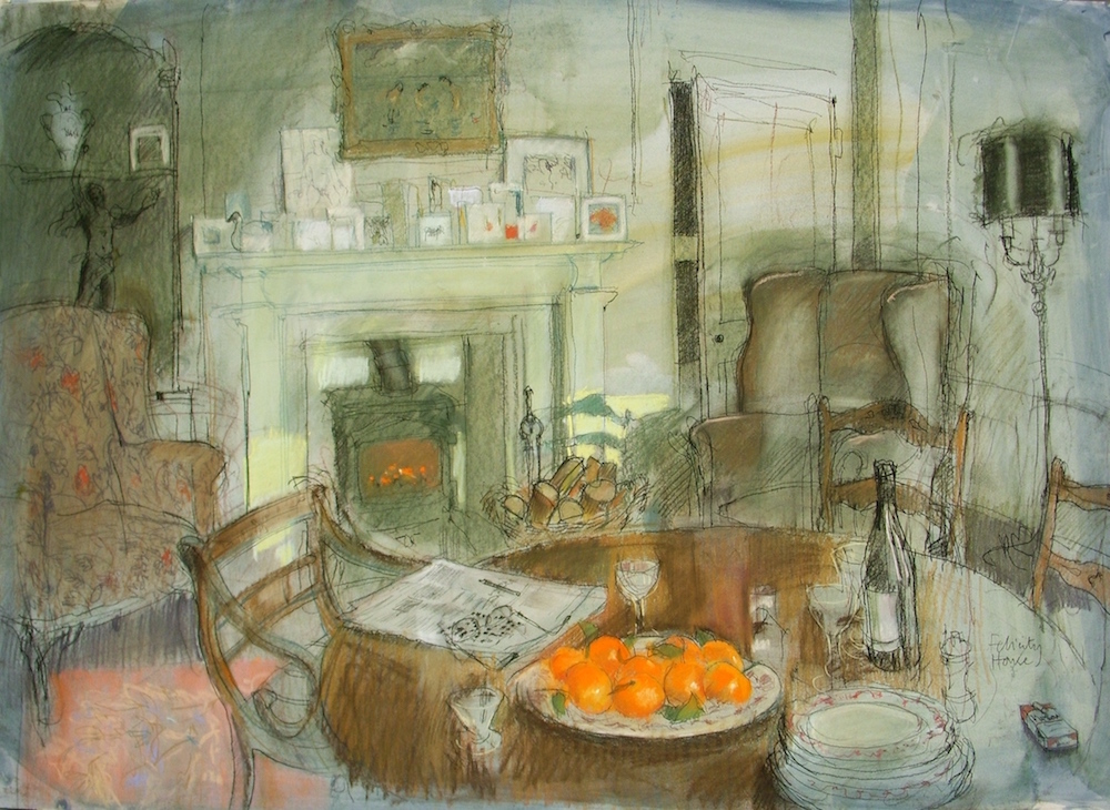 Felicity House, "Winter Table," 2011, assorted pastels + charcoal pencil on watercolour painted Mountboard, 20 x 25 in. Sold. Friend’s dining room. Crossword puzzle being done at the table.