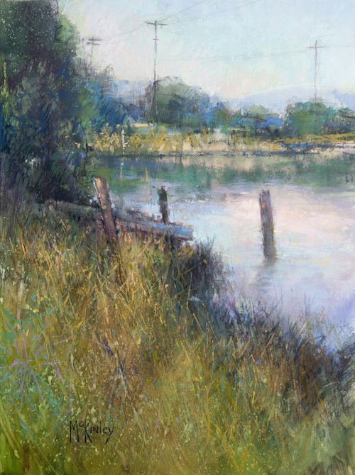 Richard McKinley, "Morning on the Slough," 2016, pastel, 16 x 12 in. Beauty is in the eye of the beholder. I used to edit out most manmade objects, especially power poles, but now I see them as a fascinating visual element that will someday be historical memories.