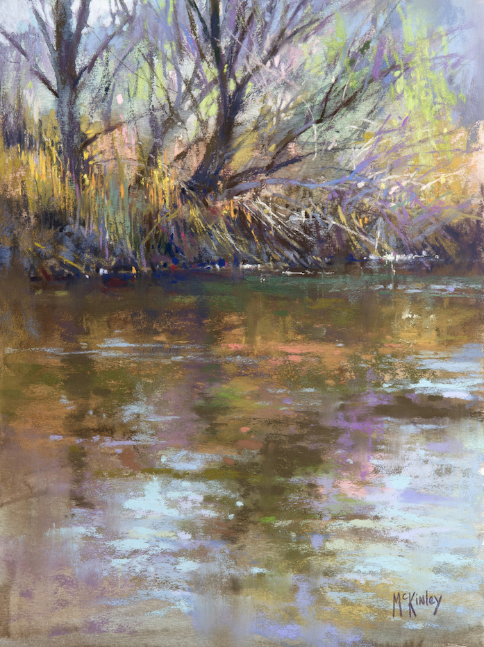 Richard McKinley, "River Dance," 2013, pastel, 12 x 9 in. Focusing the viewer attention on where you want them to visual linger is the job of the painter. It is akin to the book editor, or orchestra conductor. Something creates contrast, stands out, and we go there. Take authority of the subject matter.