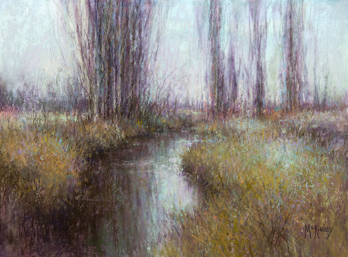 Richard McKinley, "Notes of Turquoise," 2015, pastel, 12 x 16 in. These old irrigation canals are a familiar subject in the valley where I live. The addition of pastel ground to create an impasto effect was used to add another dimension to the painting.