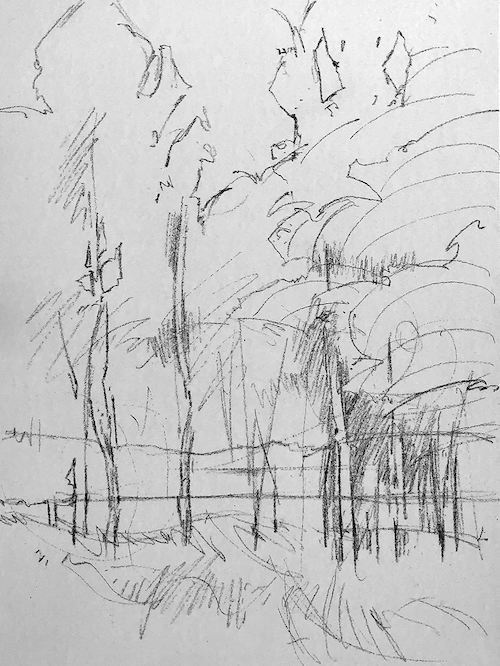 Richard McKinley, Initial sketch for "Birch Windows," 2018, pencil on white Pastel Premier paper, 16 x 12 in. 