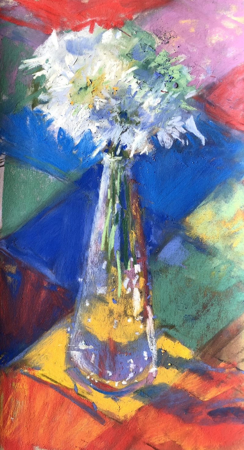 Explore a single subject: Gail Sibley, "Breakfast Flowers," Mount Vision pastels on recycled UART 500 paper, 11 1/4 x 6 in. Available.