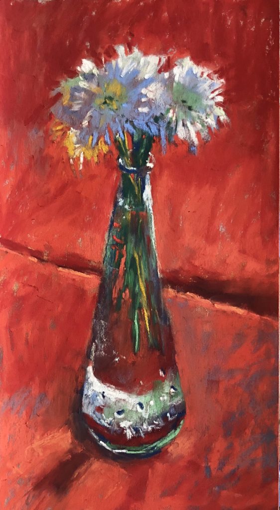 Explore a single subject: Gail Sibley, "Red Tablecloth," Unison Colour pastels on recycled UART 400 paper, 11 1/4 x 6 in. Available