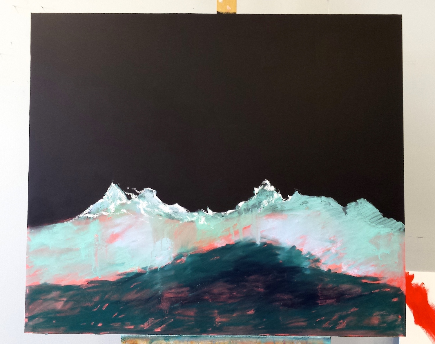 Jessica Masters, Wave demo1, 2018, pastel on board, 36 x 42 in. This image shows how I loosely wash in my colours and begin to build the shapes in the water.