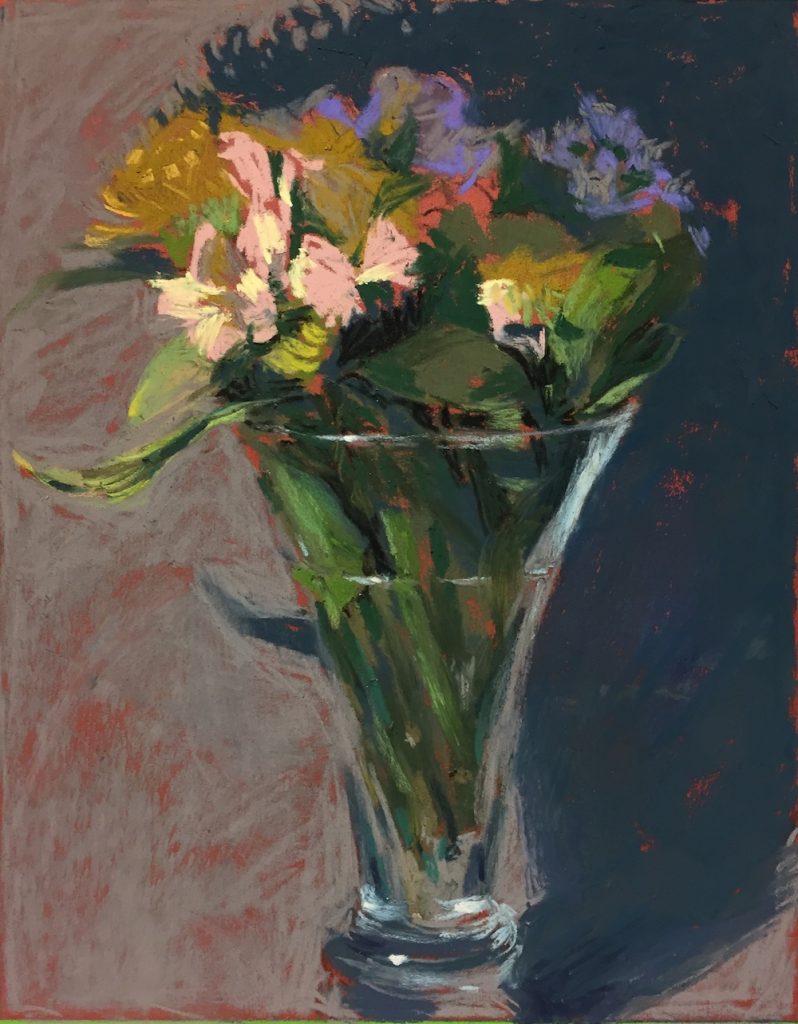 Steph Mouw, "Starting Fresh," assorted pastels on Pastelmat, 9 1/2 x 7 1/2 in. Another of the very early florals. It was while painting this one that I became hooked on florals! I had fun with color, shadow patterns and drama of the spotlight.