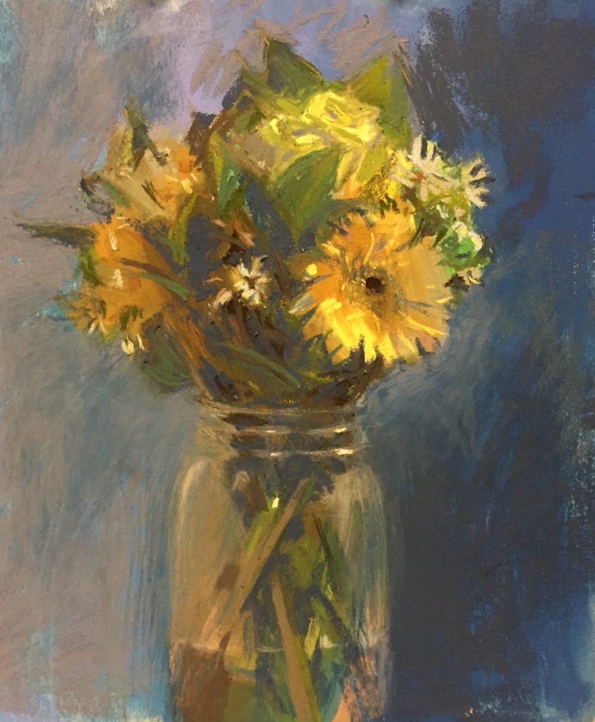 Steph Mouw, "Yellow on Blue," assorted pastels on Pastelboard, 10 x 8 in. I was in a quiet, more somber mood, with this one.