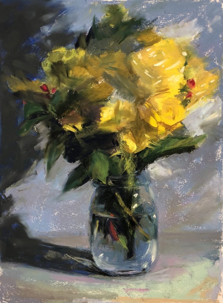 Steph Mouw, "Yellow Roses with Red," assorted pastels on Pastelboard, 11 1/2 x 8 1/2 in. I wanted to capture all the energy and color I felt emanating from these flowers and this light.