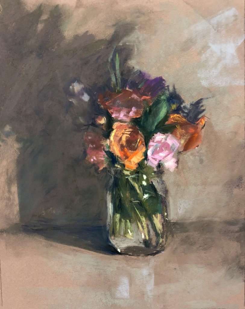 Steph Mouw, "Bruce’s Bouquet," assorted pastels on Pastelmat, 10 x 8 in. I loved the lower left lighting, giving this a stage-lit effect. 