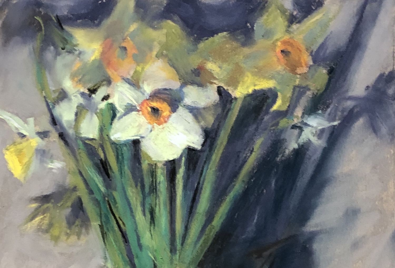 Steph Mouw, "First of May Daffs," assorted pastels on Pastel Premier, 10 1/2 x 8 1/2 in. I spotted this bunch in the grocery store and immediately wanted to paint them!