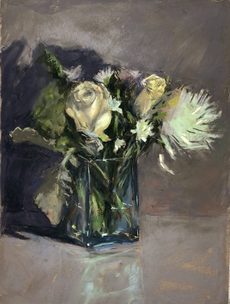 Steph Mouw, "Roses in a Square," assorted pastel on Pastel Premier, 11 x 8.5 in. Bruce brought home white flowers to challenge his wife!