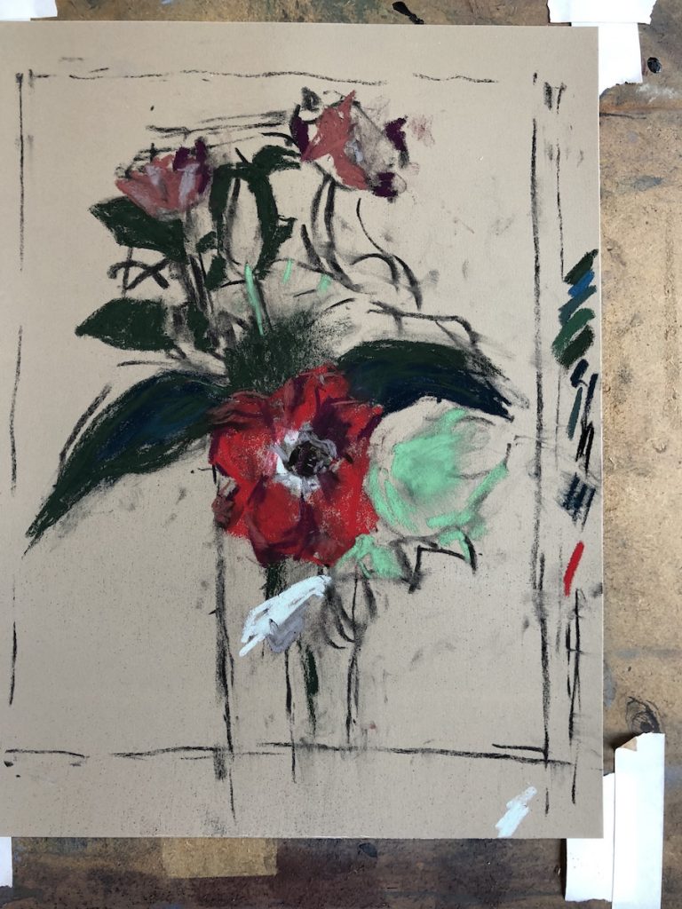 Steph Mouw, keying painting "Amaryllis and Anemones," assorted pastels on Pastel Premier, 12 x 9 in. Here I chose to key the painting first using my darkest dark and lightest lights. Then I spent some time bringing up the red Anemone.