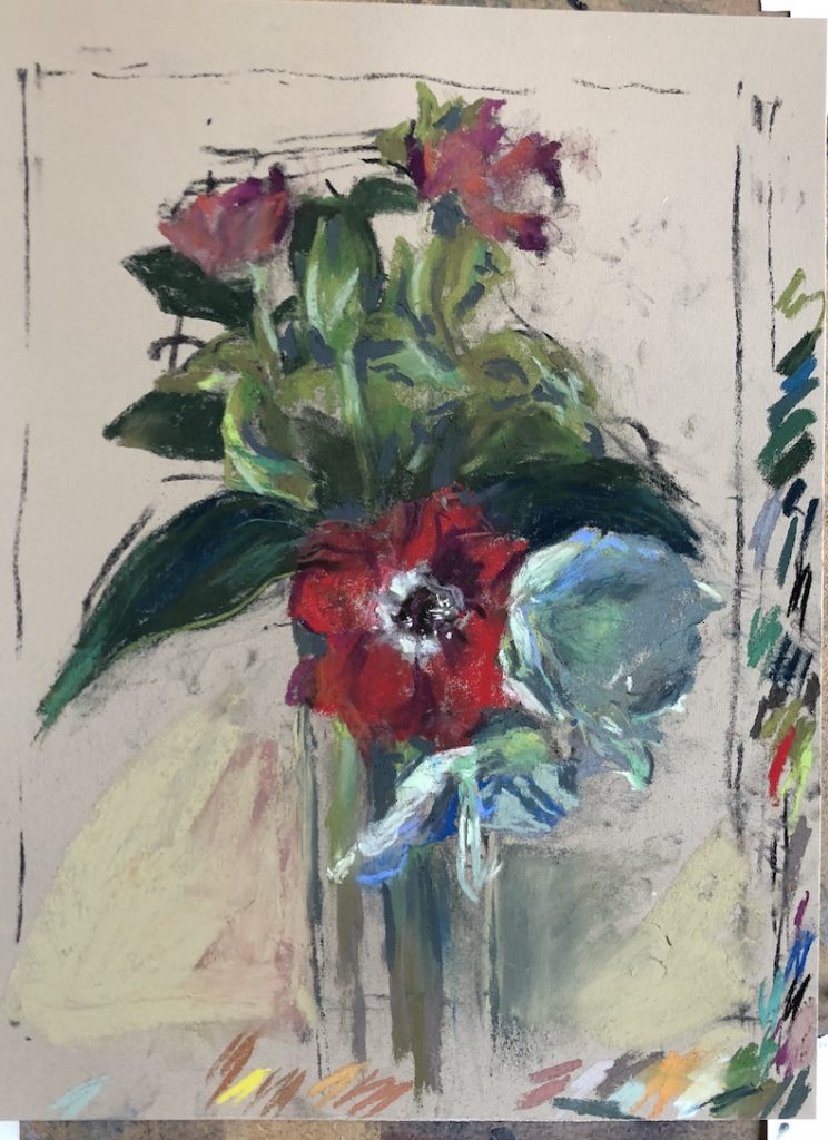 Steph Mouw, full color block-in for "Amaryllis and Anemones," assorted pastels on Pastel Premier, 12 x 9 in. I’m trying to keep it loose while beginning to work in the background.