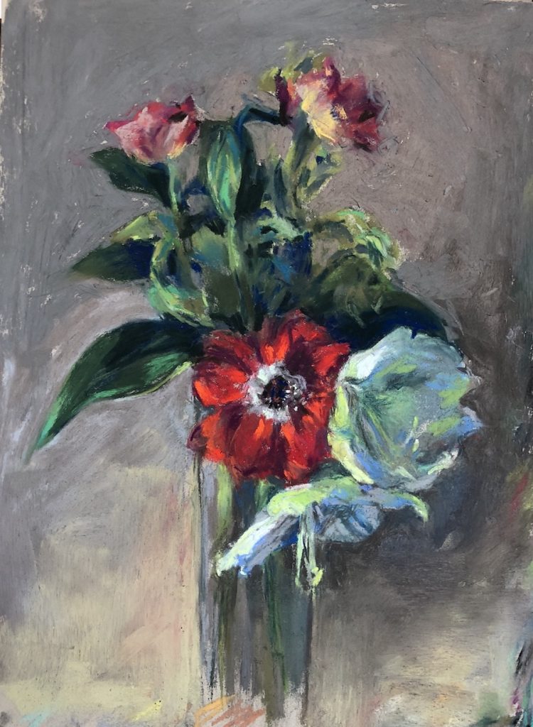 Steph Mouw, "Amaryllis and Anemones," assorted pastels on Pastel Premier, 12 x 9 in. In the end I decided to blend the surrounding space, adding warm touches to contrast with the cool greens and Amaryllises. I also liked the full page composition but chose to leave some of my process marks exposed.