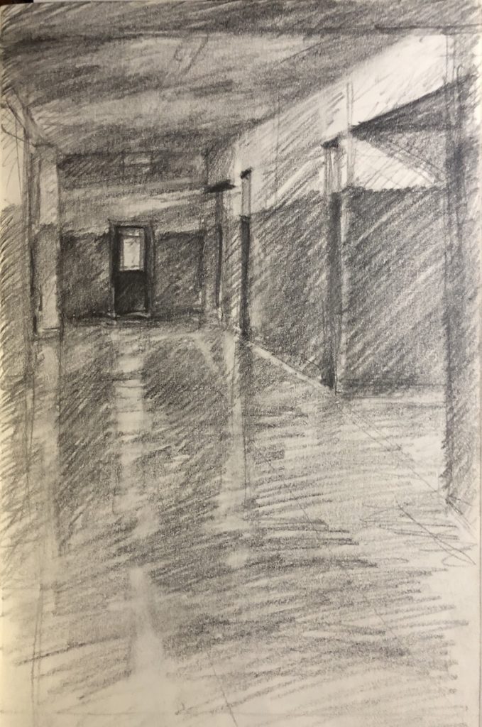 Steph Mouw, "Hallway #2," 1980, graphite on paper, 8 1/2 x 5 in. A favorite pastime of mine in art school at end of day when most everyone had gone home. I loved to peer down darkened hallways with open doors that let in bits of light. Even then I loved reflections, (here onto the polished floors) and long cast shadows. I filled small sketchbooks with these drawings done from a seated position on the floor. 