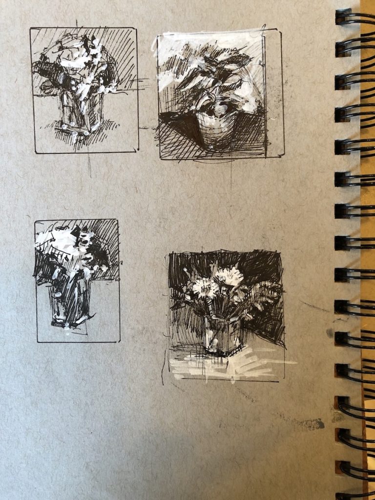 Steph Mouw, page of thumbnails, black Micron and white Pitt pen on toned grey paper, 6 1/2 x 5 in. A typical page from my small toned grey sketchbook. 