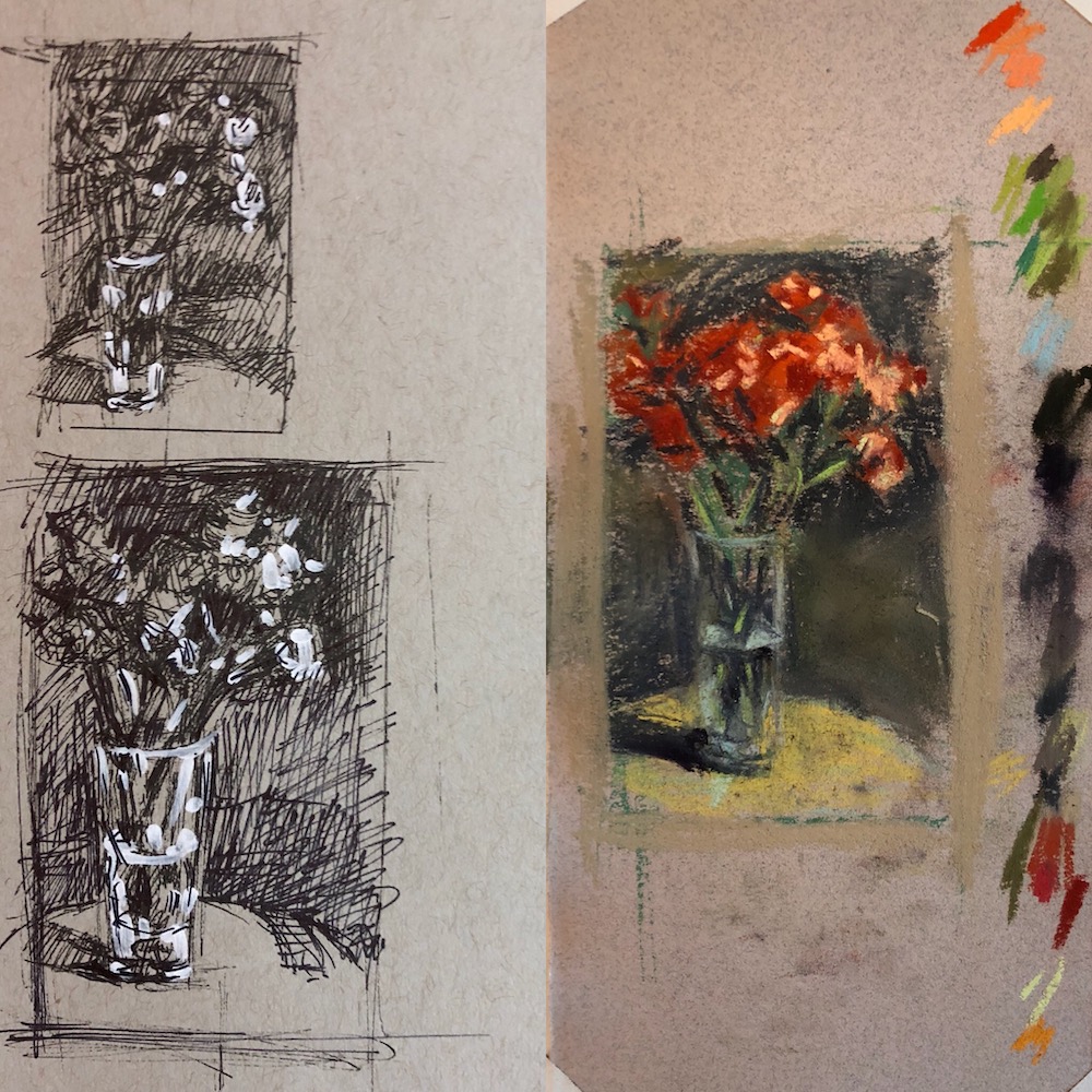 Steph Mouw, "Sue’s Bunch," thumbnails and color study, Micron and white Pitt pens and assorted pastels on toned grey paper (left) and Canson Mi-Teintes (right). I was visiting family in Ohio and had only enough time to complete a few thumbnails and a small color study of my Aunt Susan’s lovely bouquet. I really liked this composition and although I wasn’t able to create a full painting it got me to try out different background settings and shapes in my future paintings.